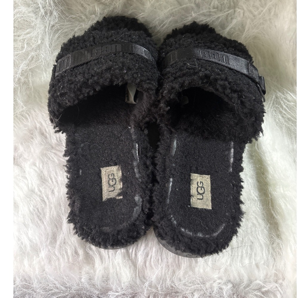 UGG Fluffita‎ Black Curly Sheepskin Platform Slide Sandals Womens Buckle Strap - Picture 5 of 8